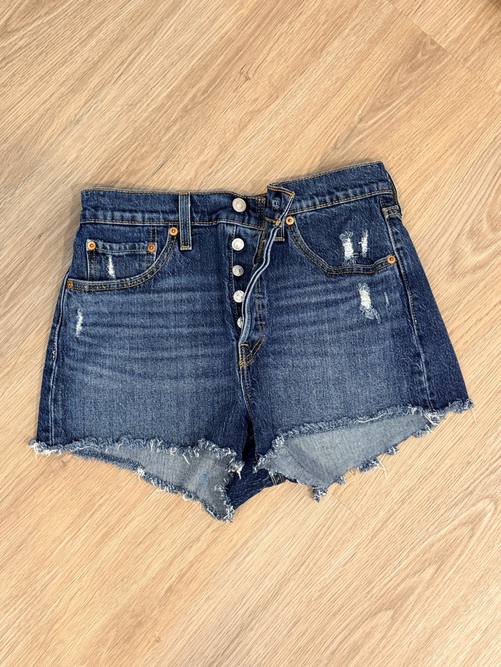 Levi's Button-Fly Distressed Dark Blue Denim Shorts